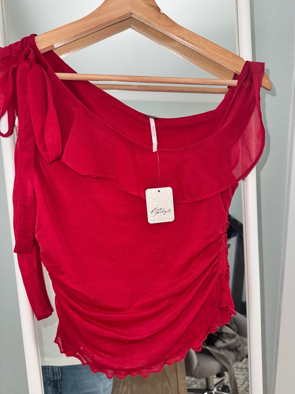 Free People One-Shoulder Ruffle Crop Top - Red - Picture 3 of 7